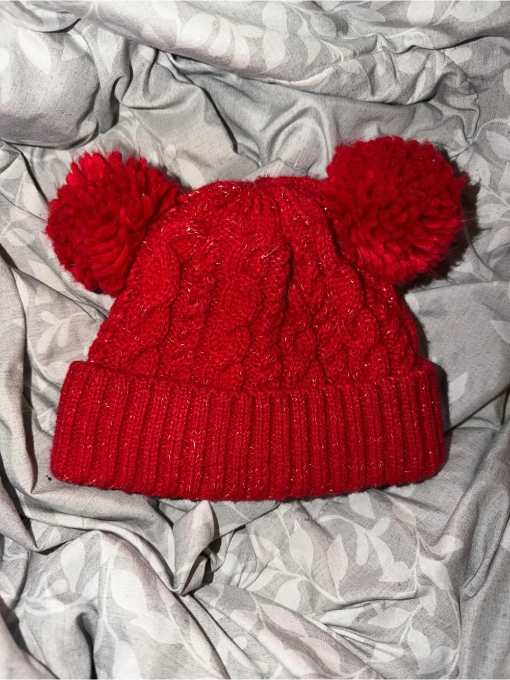 Kids Red Double Pom Pom Cable Knit Beanie